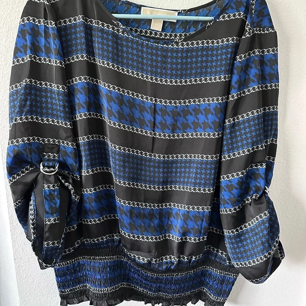 MICHAEL Michael Kors Blue Black Houndstooth Chain Print Blouse XL NWOT